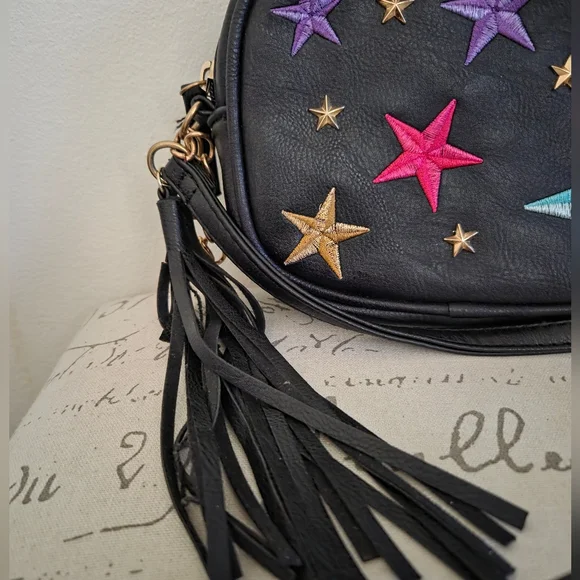 Black Fringe w/Star Embellishments Shoulder Bag Crossbody - Picture 3 of 10